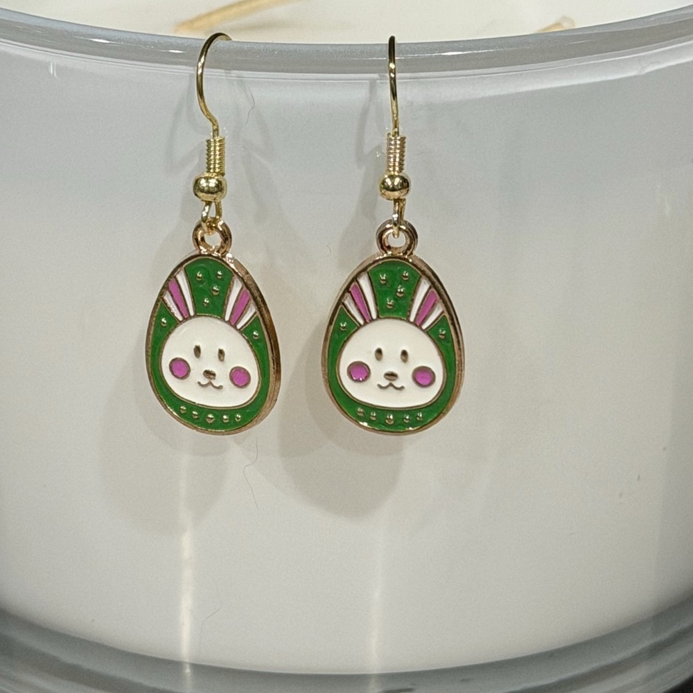 3/$30 • Cute Bunny Egg Drop Earrings in Green and White